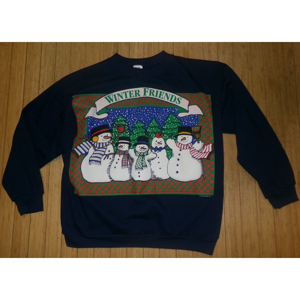 Vintage Sun Sportswear Medium Winter Friends Snowman Crew Sweatshirt Navy
